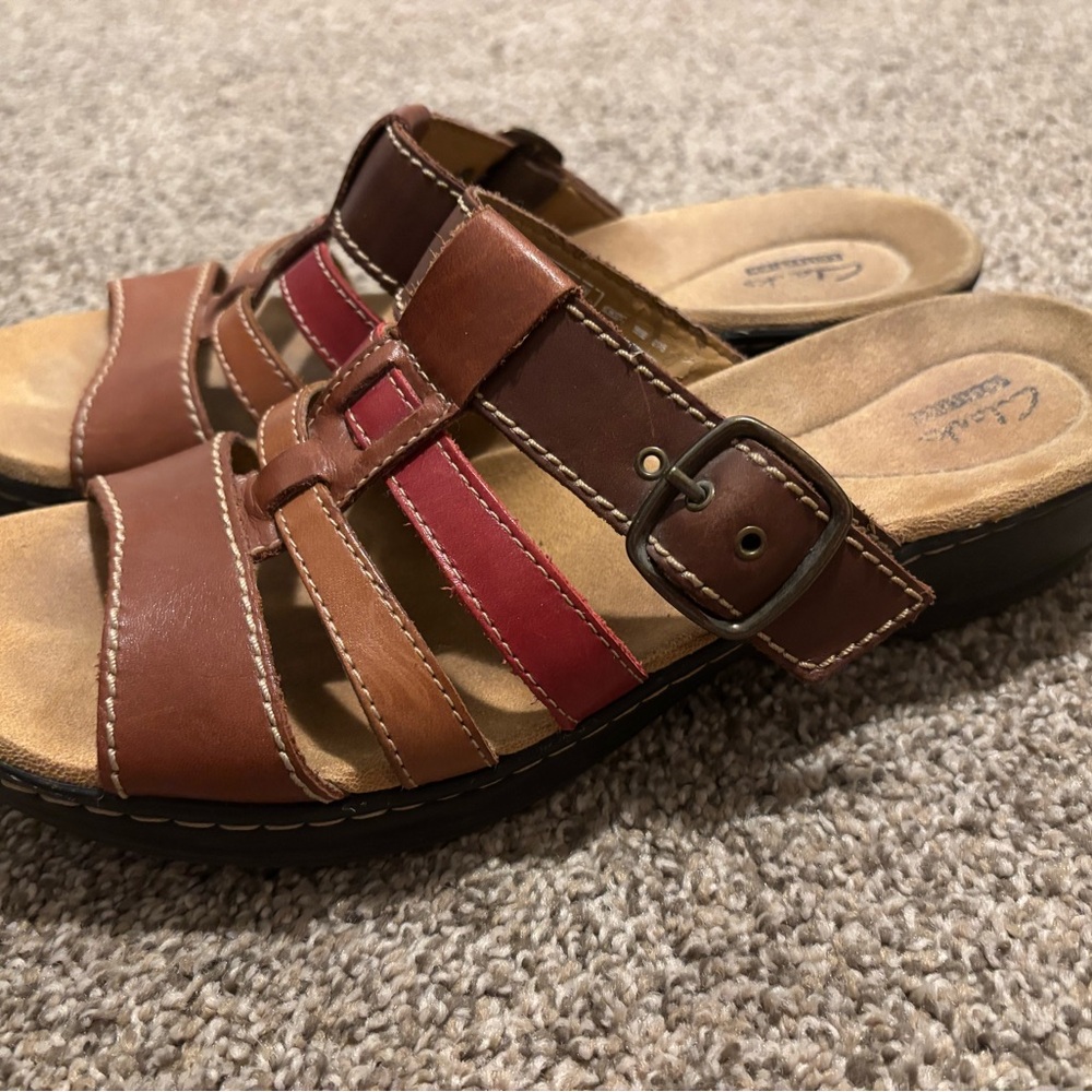 Clarks Brown Soft Step Strappy Wedge Leather Comfort Sandals